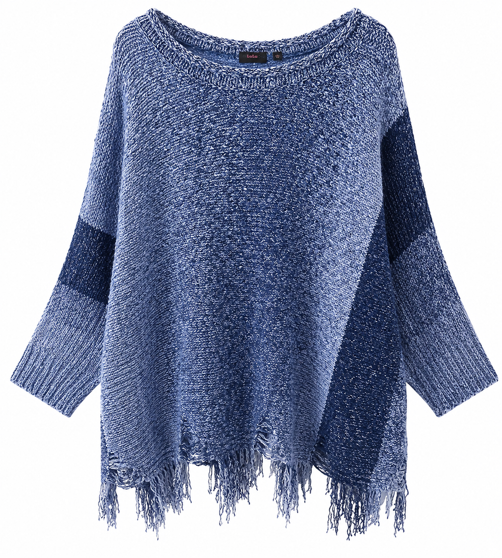 Women's Oversized Chunky Knit Sweater – Fringed Hem Relaxed Fit Pullover | Cozy Blue Winter Jumper