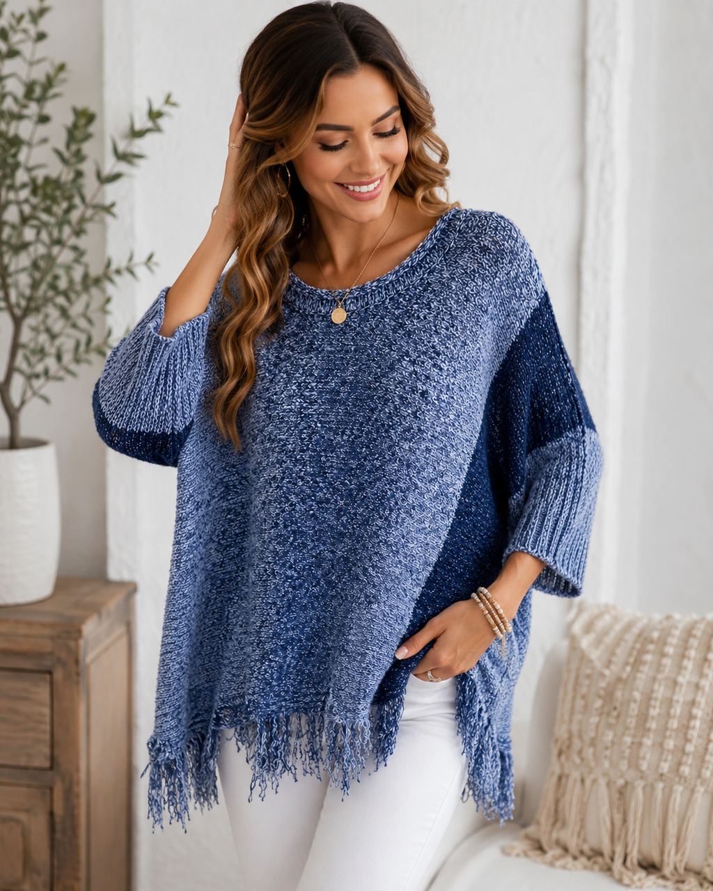 Women's Oversized Chunky Knit Sweater – Fringed Hem Relaxed Fit Pullover | Cozy Blue Winter Jumper