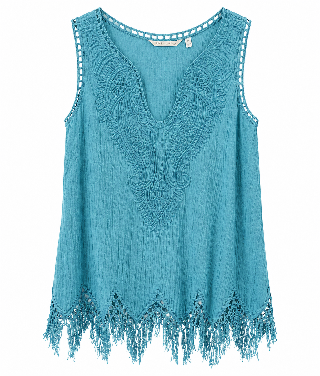 Women's Boho Embroidered Sleeveless Tunic Top – Fringe Hem V-Neck Summer Blouse | Lightweight Beach Tank in Turquoise