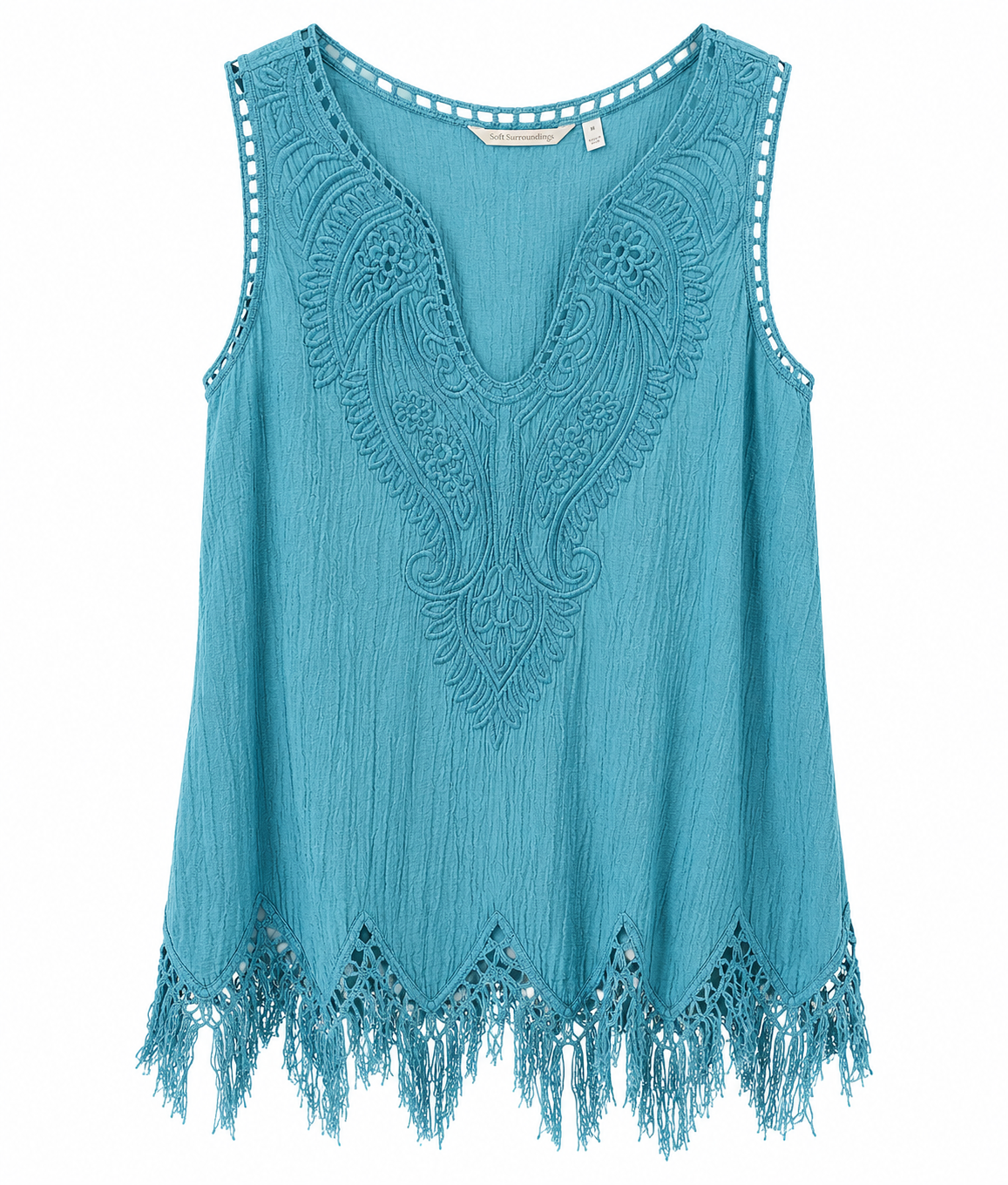 Women's Boho Embroidered Sleeveless Tunic Top – Fringe Hem V-Neck Summer Blouse | Lightweight Beach Tank in Turquoise