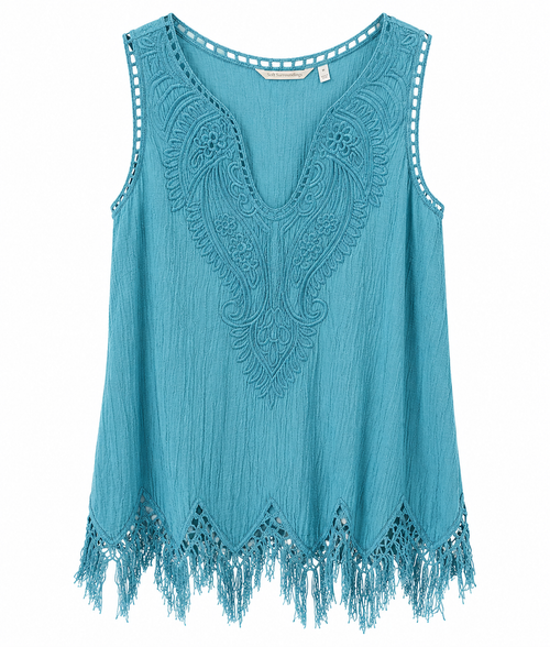 Women's Boho Embroidered Sleeveless Tunic Top – Fringe Hem V-Neck Summer Blouse | Lightweight Beach Tank in Turquoise