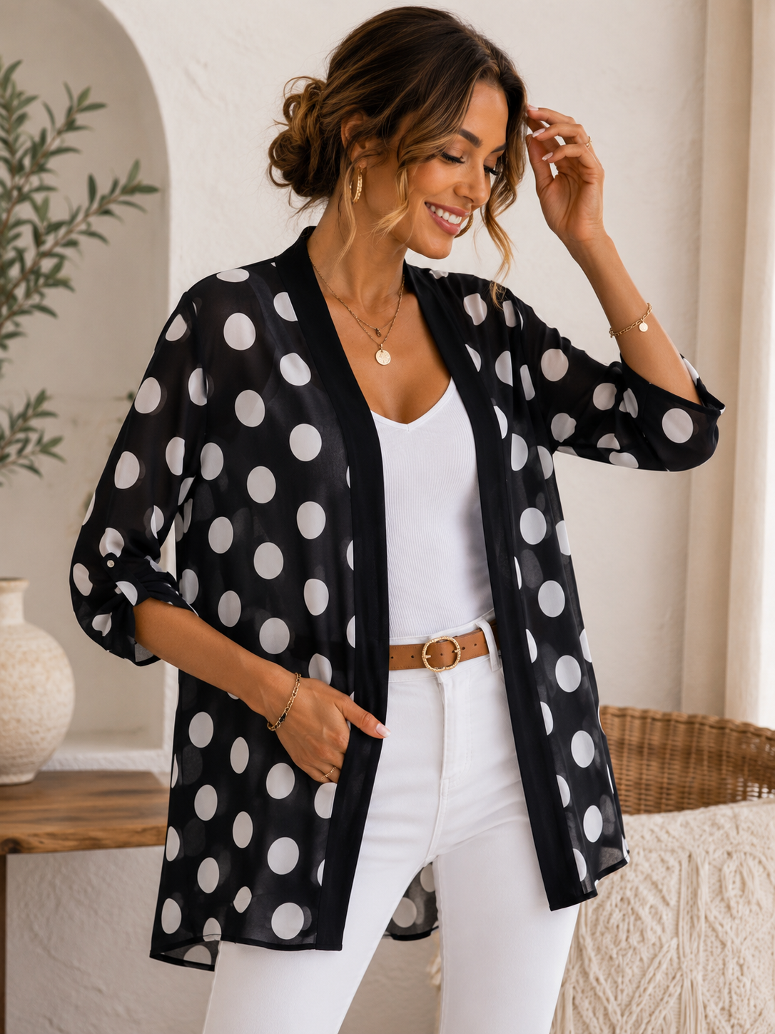 Women's Sheer Polka Dot Kimono Cardigan – Lightweight Open Front Cover Up | Elegant Black Chiffon Layering Jacket