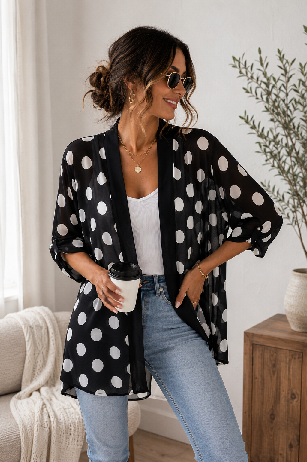 Women's Sheer Polka Dot Kimono Cardigan – Lightweight Open Front Cover Up | Elegant Black Chiffon Layering Jacket