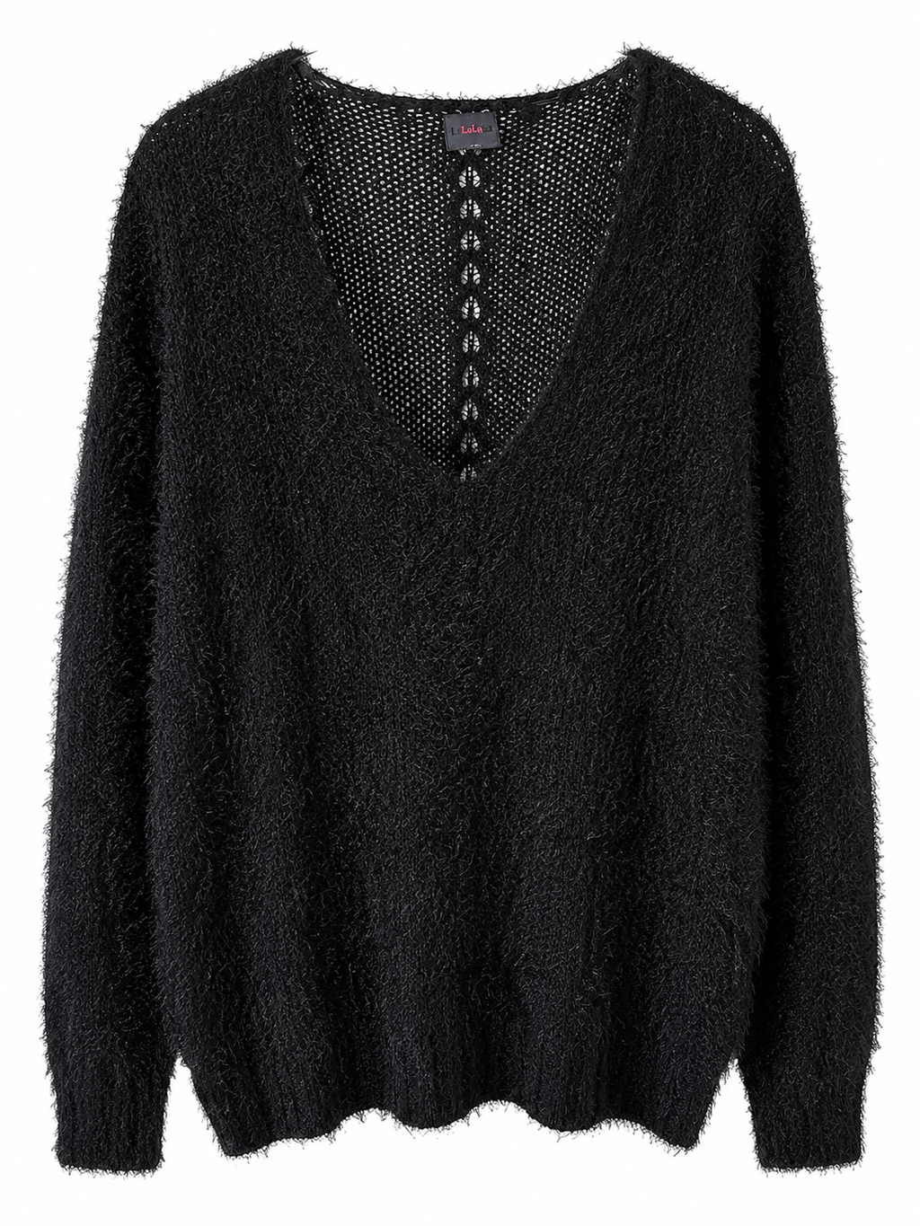 Women's Soft Fuzzy V-Neck Sweater – Cozy Long Sleeve Knit Pullover | Lightweight Fluffy Black Jumper