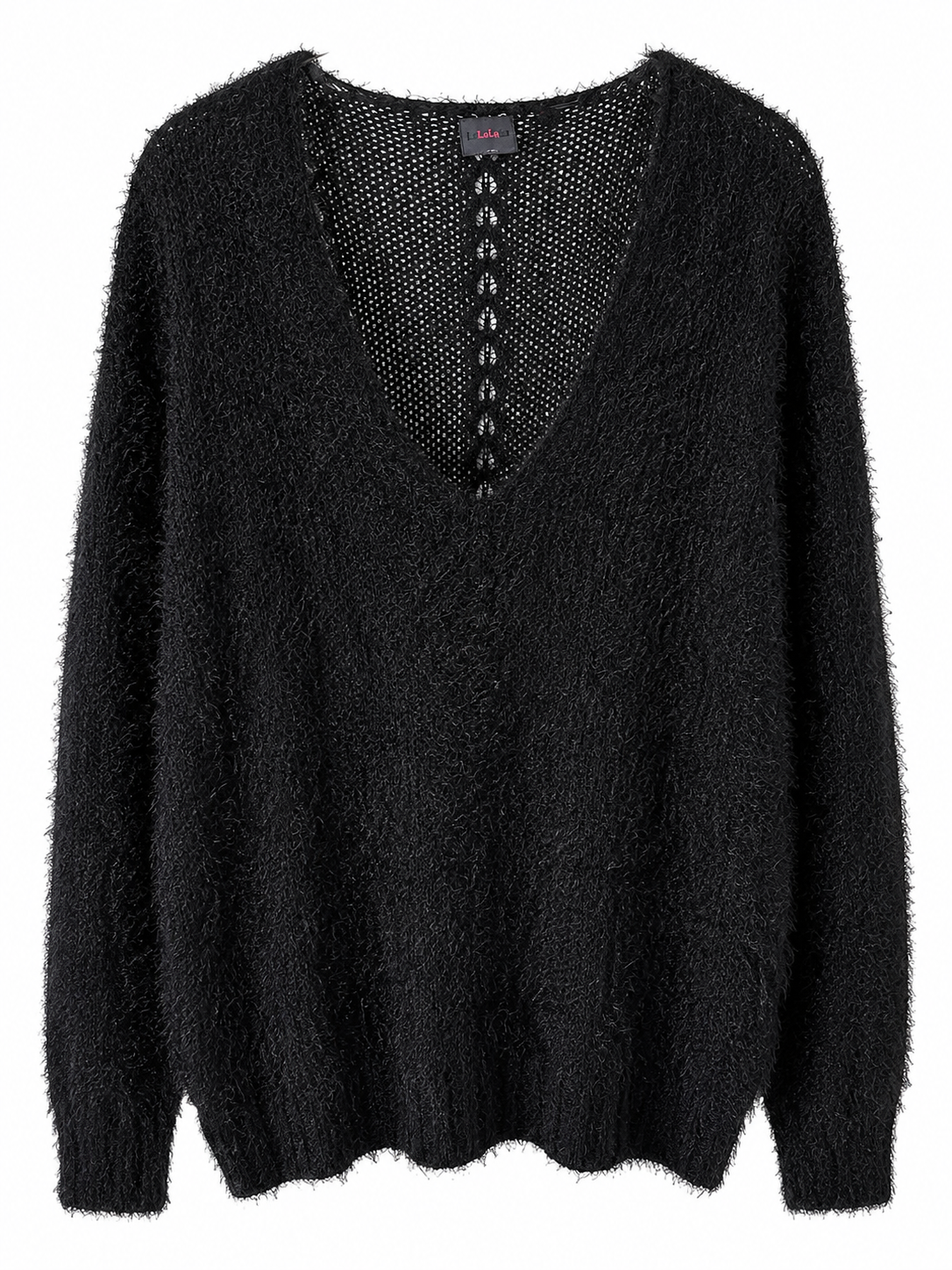 Women's Soft Fuzzy V-Neck Sweater – Cozy Long Sleeve Knit Pullover | Lightweight Fluffy Black Jumper