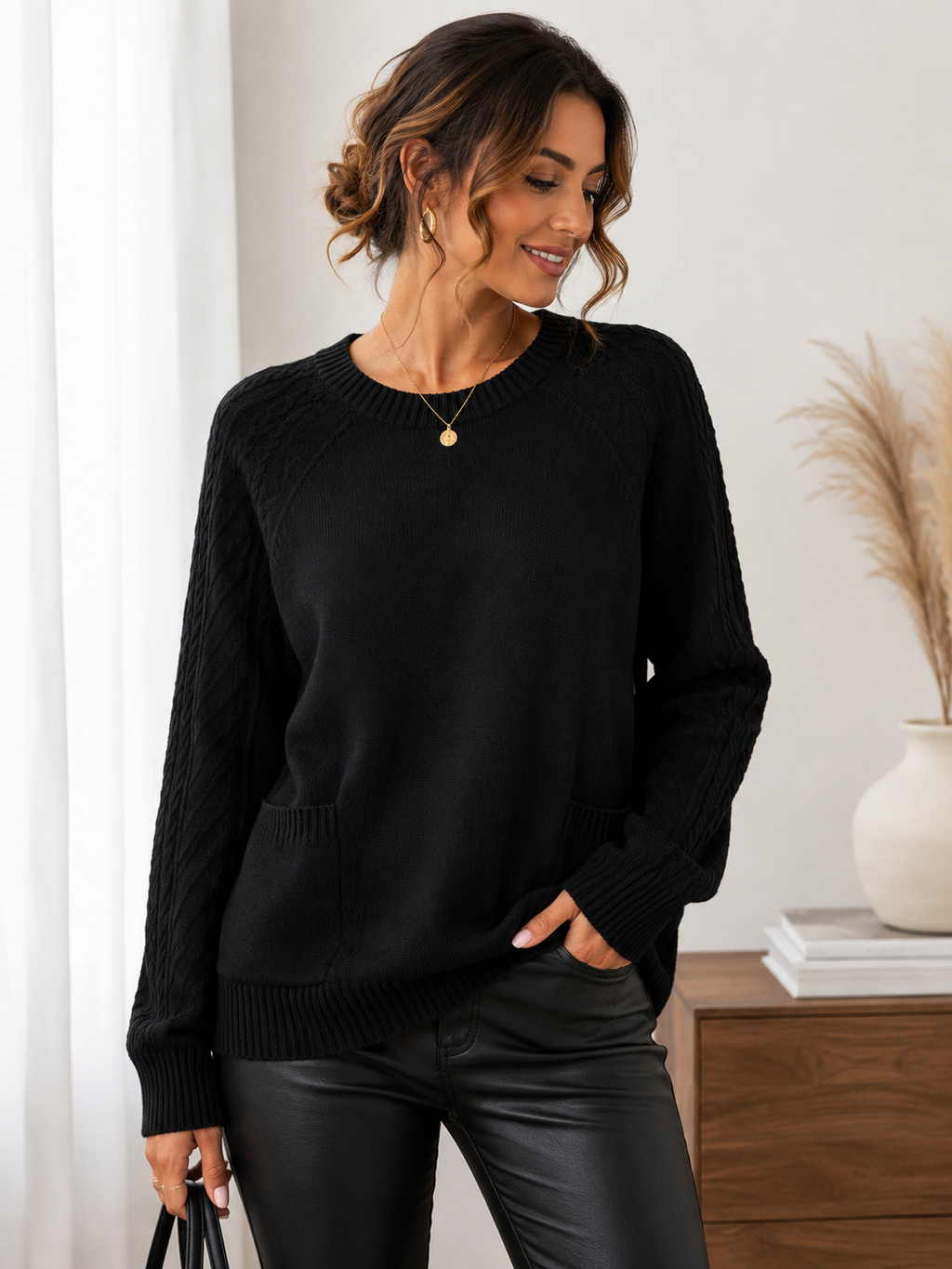 Women's Black Longline Knit Sweater Dress | Soft Crew Neck Long Sleeve Jumper with Pockets
