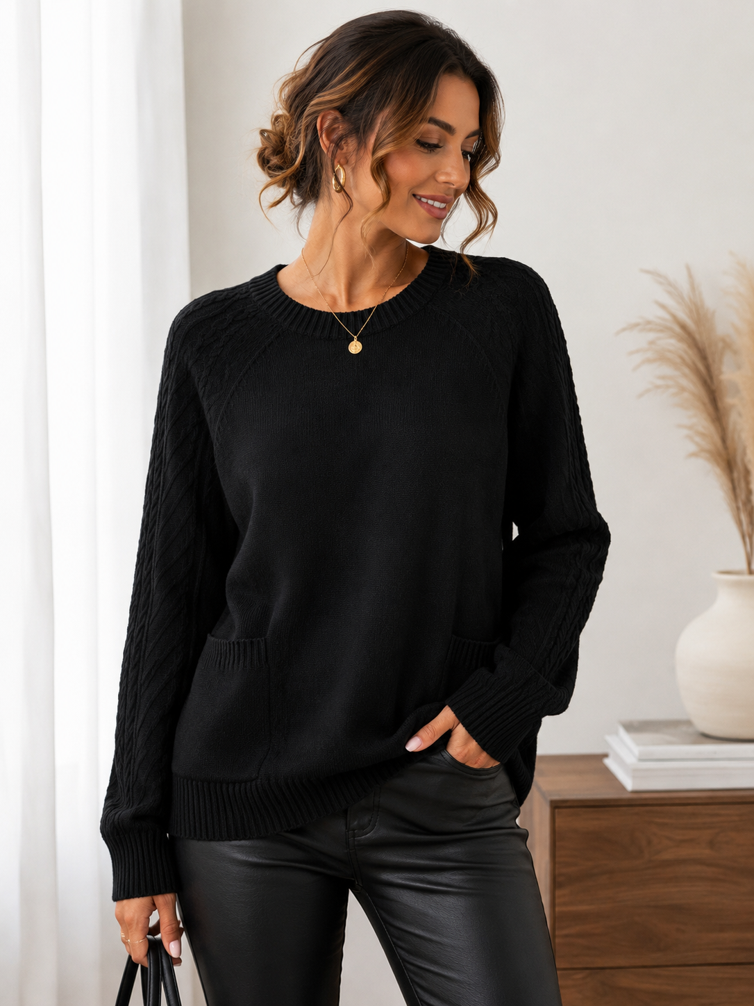 Women's Black Longline Knit Sweater Dress | Soft Crew Neck Long Sleeve Jumper with Pockets