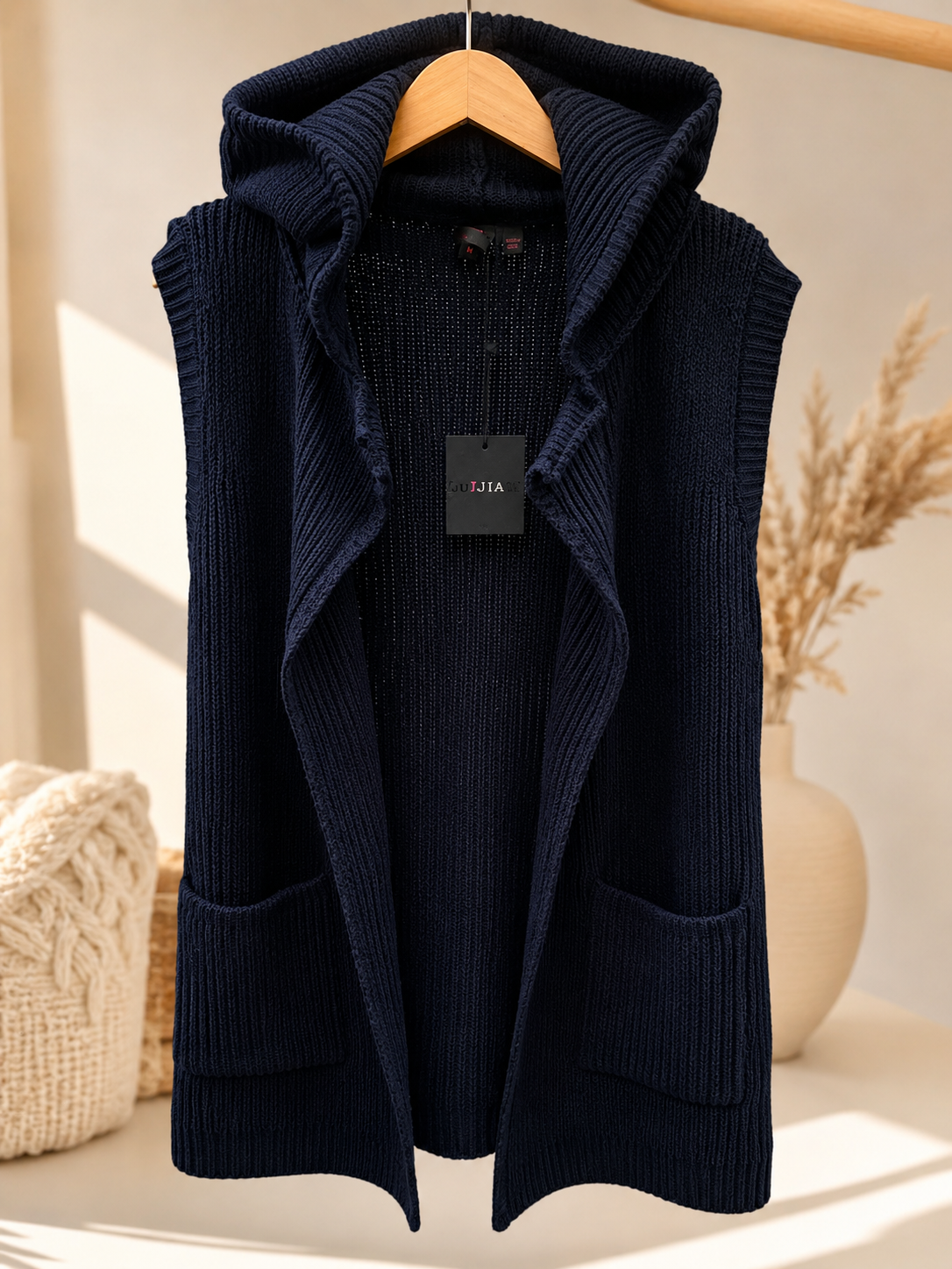 Women's Hooded Chunky Knit Sleeveless Cardigan Vest – Open Front Long Sweater with Pockets | Cozy Winter Layering Jacket