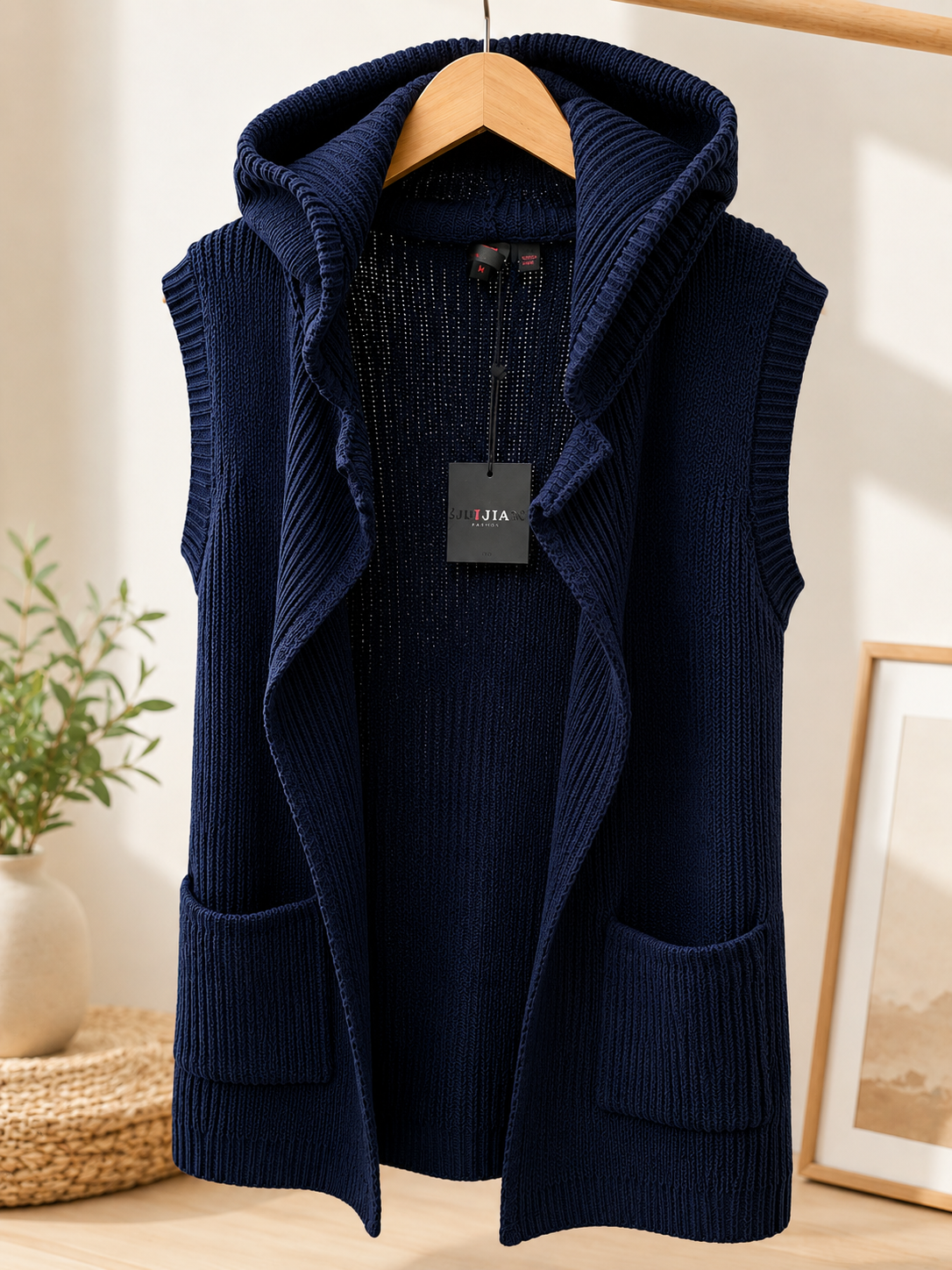 Women's Hooded Chunky Knit Sleeveless Cardigan Vest – Open Front Long Sweater with Pockets | Cozy Winter Layering Jacket