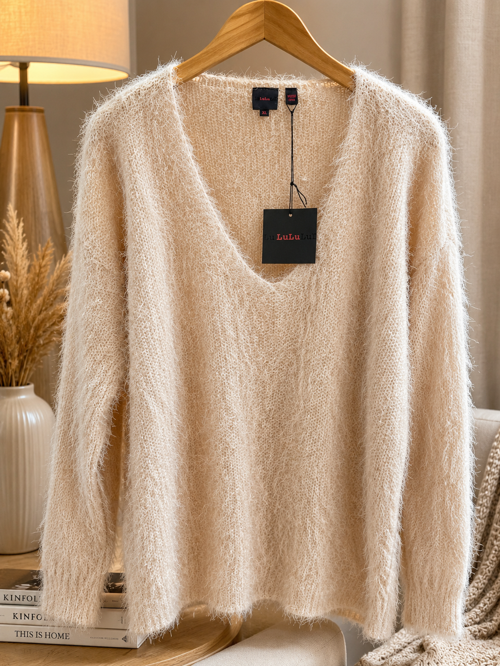 Women's Fluffy Knit V-Neck Sweater – Soft Fuzzy Long Sleeve Pullover | Cozy Oversized Winter Jumper