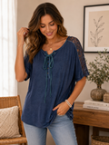Women's Lace Sleeve Tie Neck Blouse – Casual Loose Fit Short Sleeve Top | Soft Everyday Summer Shirt