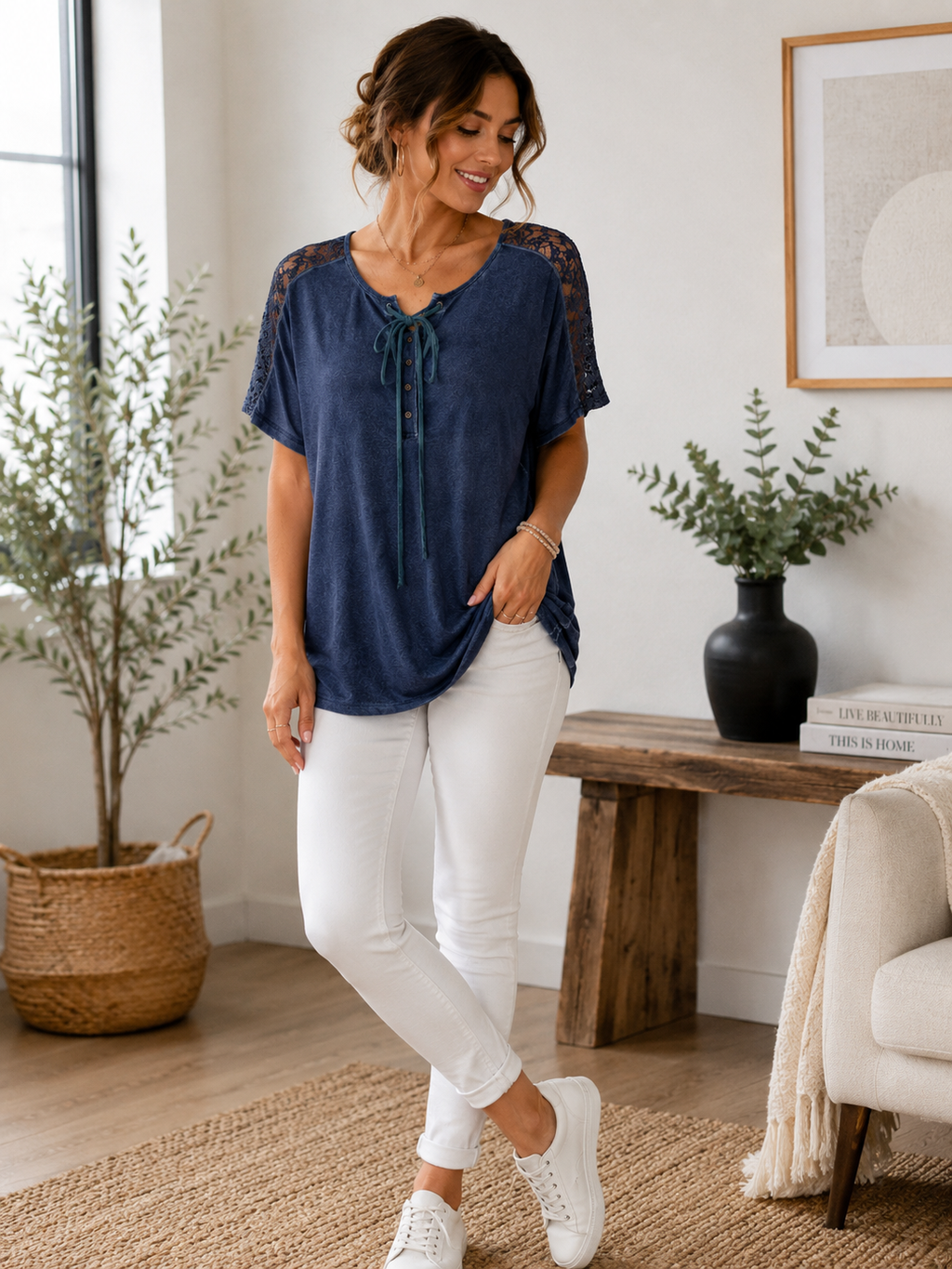 Women's Lace Sleeve Tie Neck Blouse – Casual Loose Fit Short Sleeve Top | Soft Everyday Summer Shirt