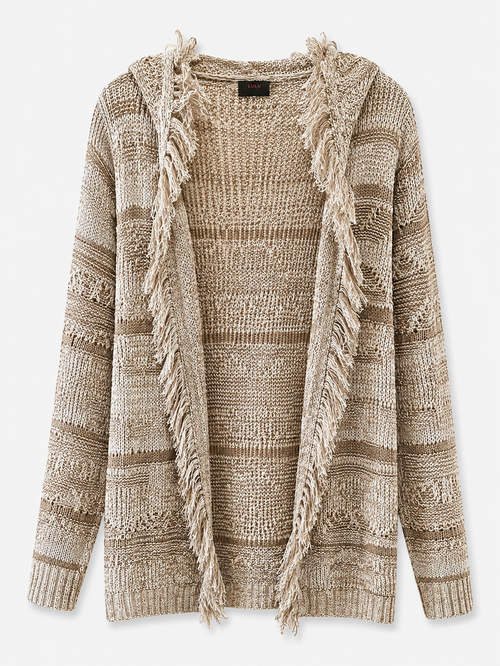 Women's Frayed Hooded Knit Cardigan – Open Front Long Sleeve Chunky Sweater with Pockets | Cozy Boho Outerwear