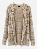 Women's Frayed Hooded Knit Cardigan – Open Front Long Sleeve Chunky Sweater with Pockets | Cozy Boho Outerwear