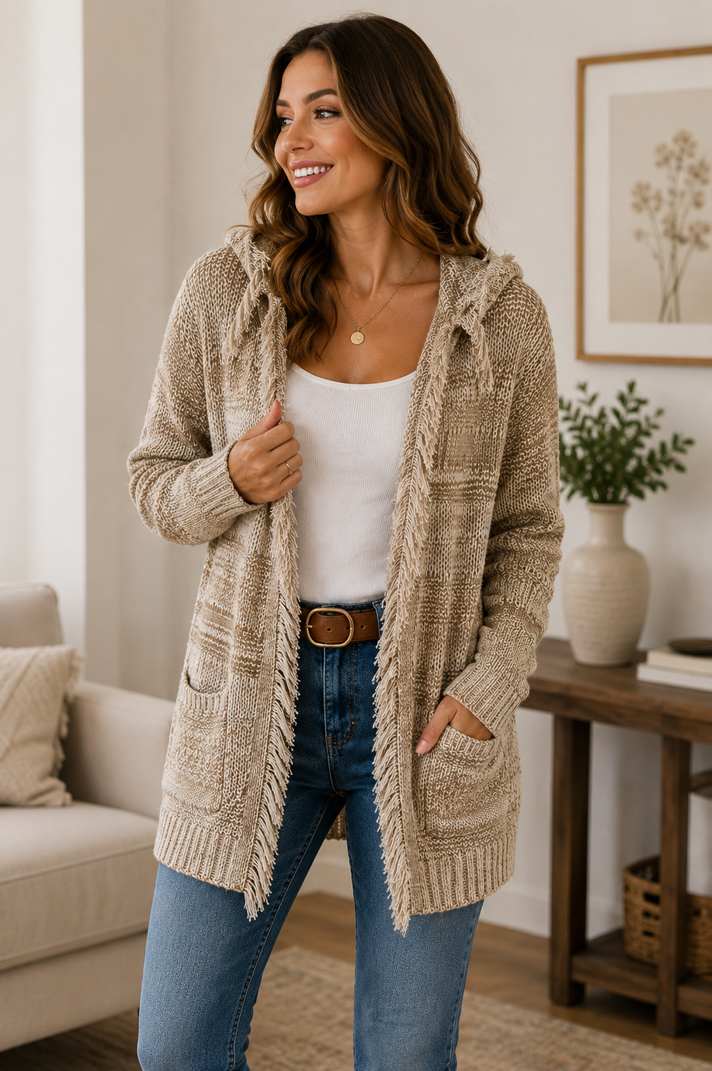 Women's Frayed Hooded Knit Cardigan – Open Front Long Sleeve Chunky Sweater with Pockets | Cozy Boho Outerwear