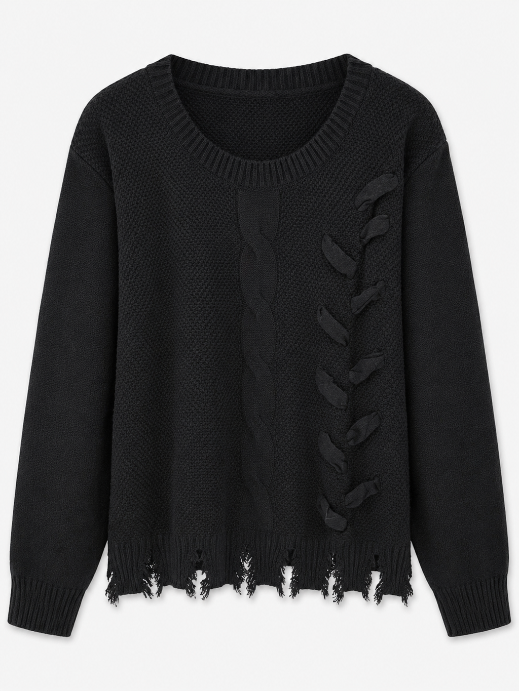 Women's Distressed Knit Sweater – Chunky Crew Neck Long Sleeve Jumper | Fringe Hem Casual Winter Pullover