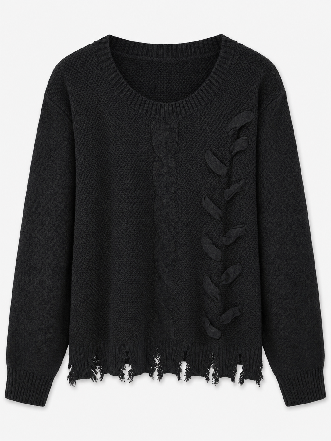 Women's Distressed Knit Sweater – Chunky Crew Neck Long Sleeve Jumper | Fringe Hem Casual Winter Pullover