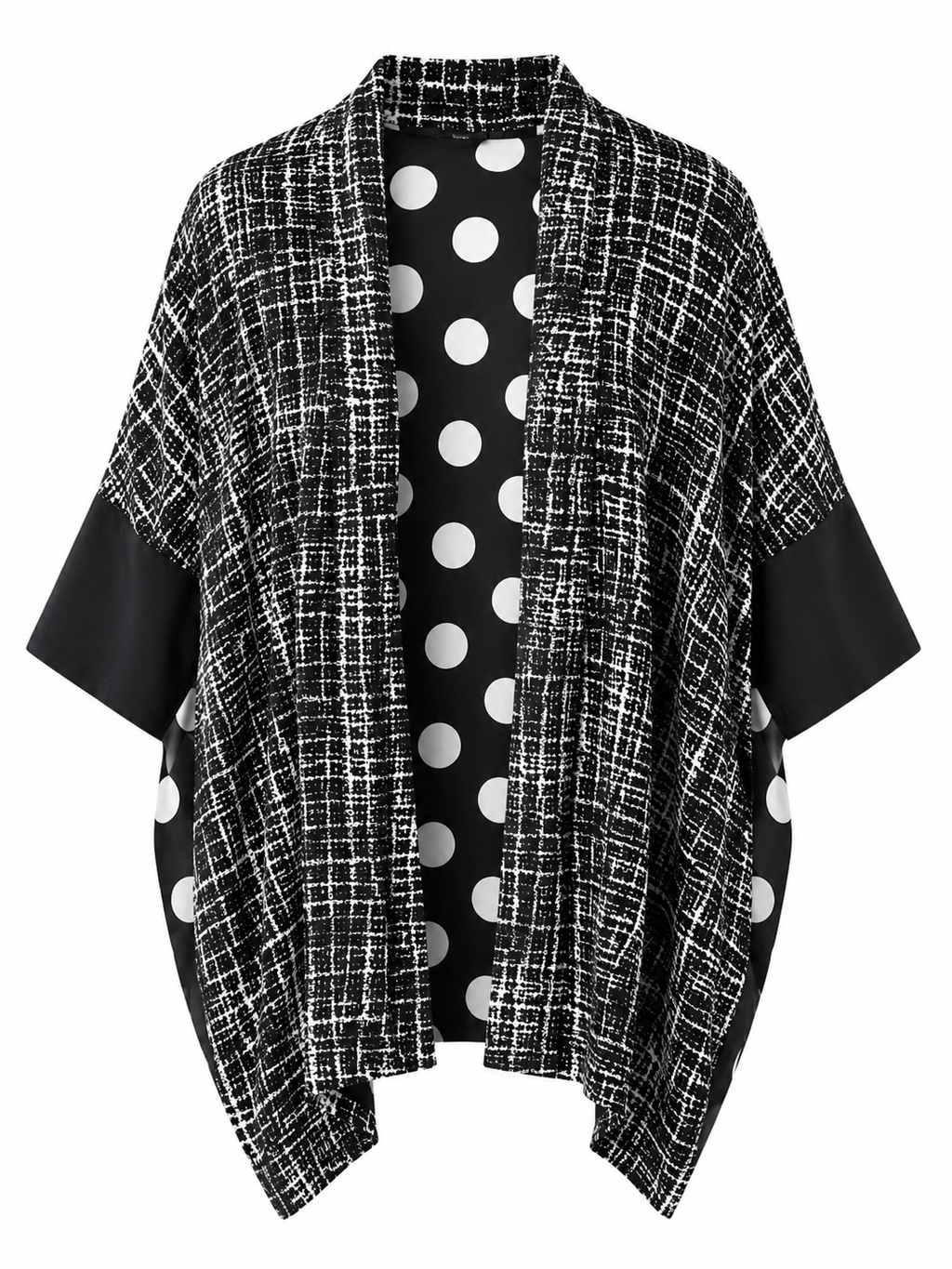 Women's Black & White Printed Open Front Kimono Cardigan | Lightweight Draped Cover Up