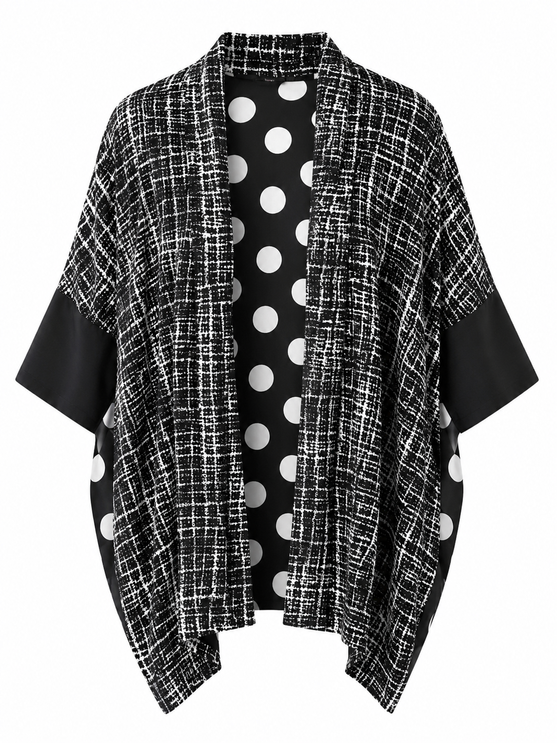 Women's Black & White Printed Open Front Kimono Cardigan | Lightweight Draped Cover Up