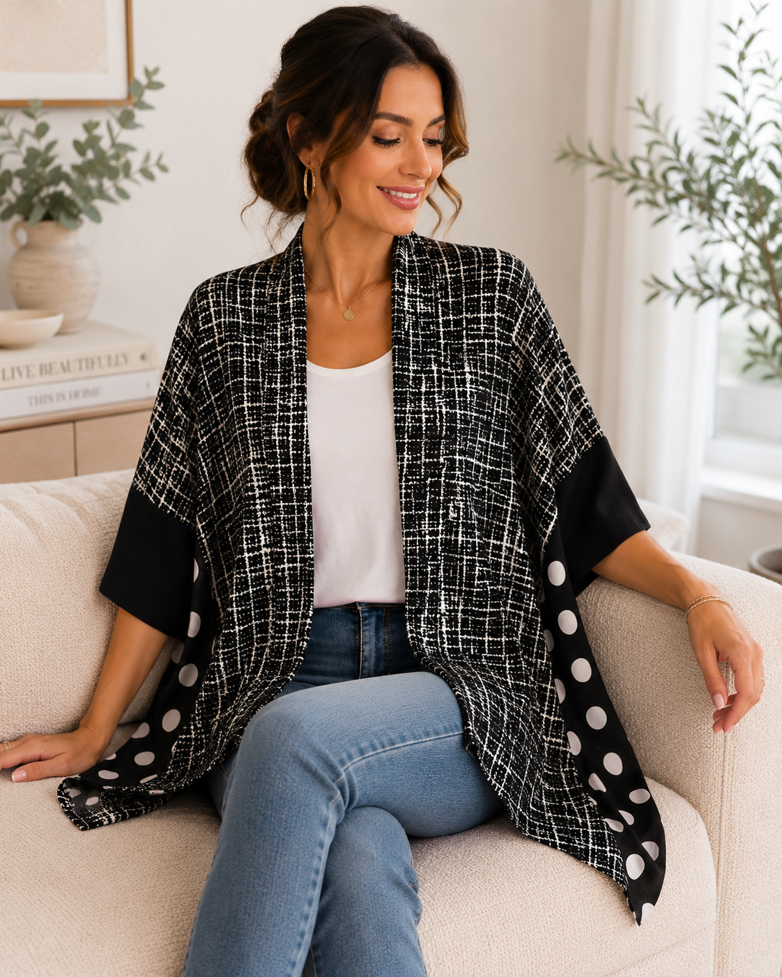 Women's Black & White Printed Open Front Kimono Cardigan | Lightweight Draped Cover Up