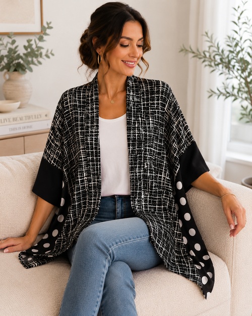 Women's Black & White Printed Open Front Kimono Cardigan | Lightweight Draped Cover Up