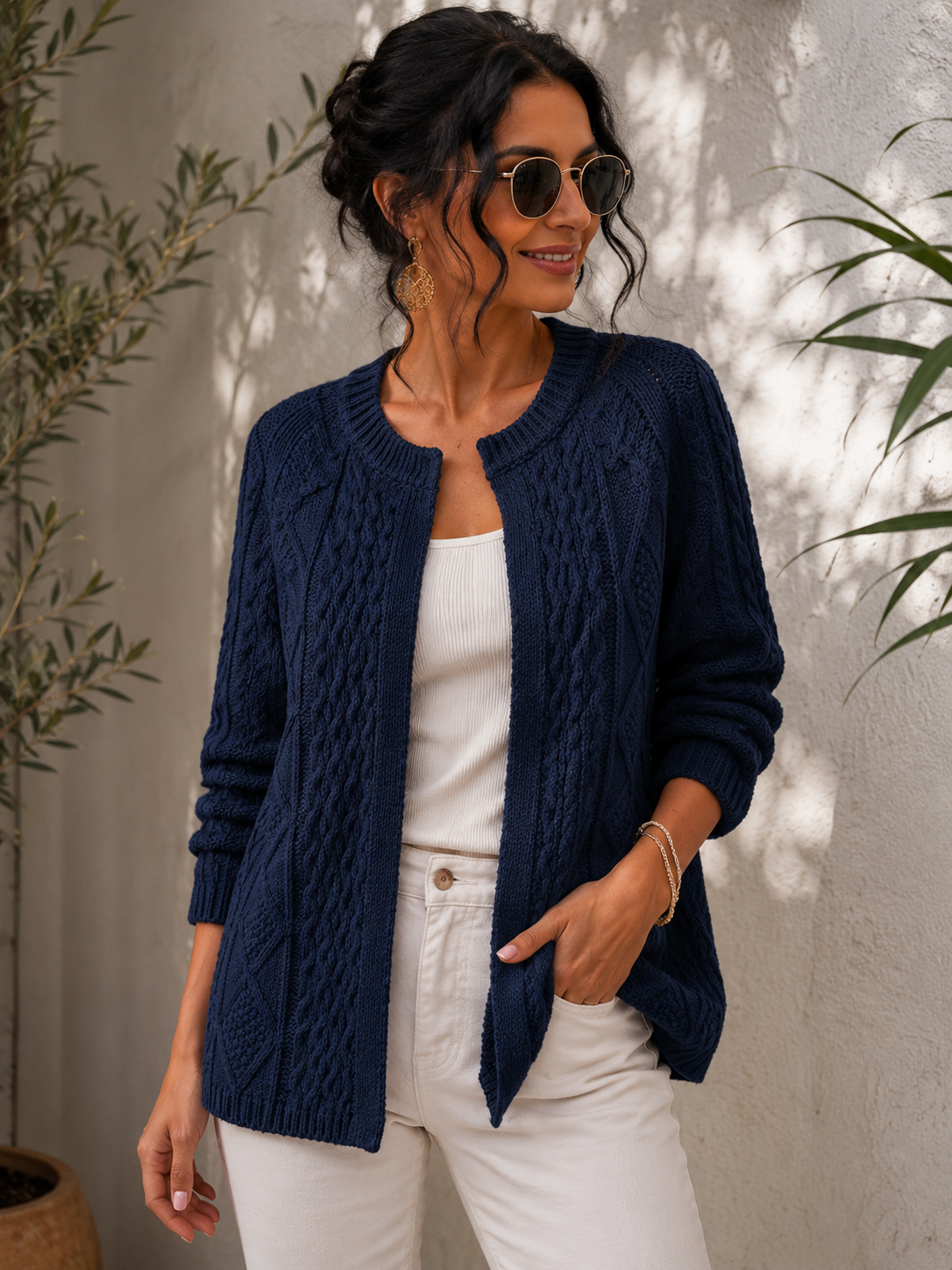 Women's Navy Cable Knit Open Front Cardigan | Soft Chunky Knit Sweater Jacket