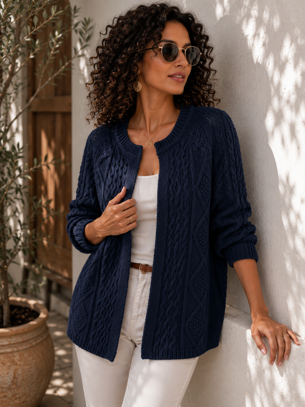 Women's Navy Cable Knit Open Front Cardigan | Soft Chunky Knit Sweater Jacket
