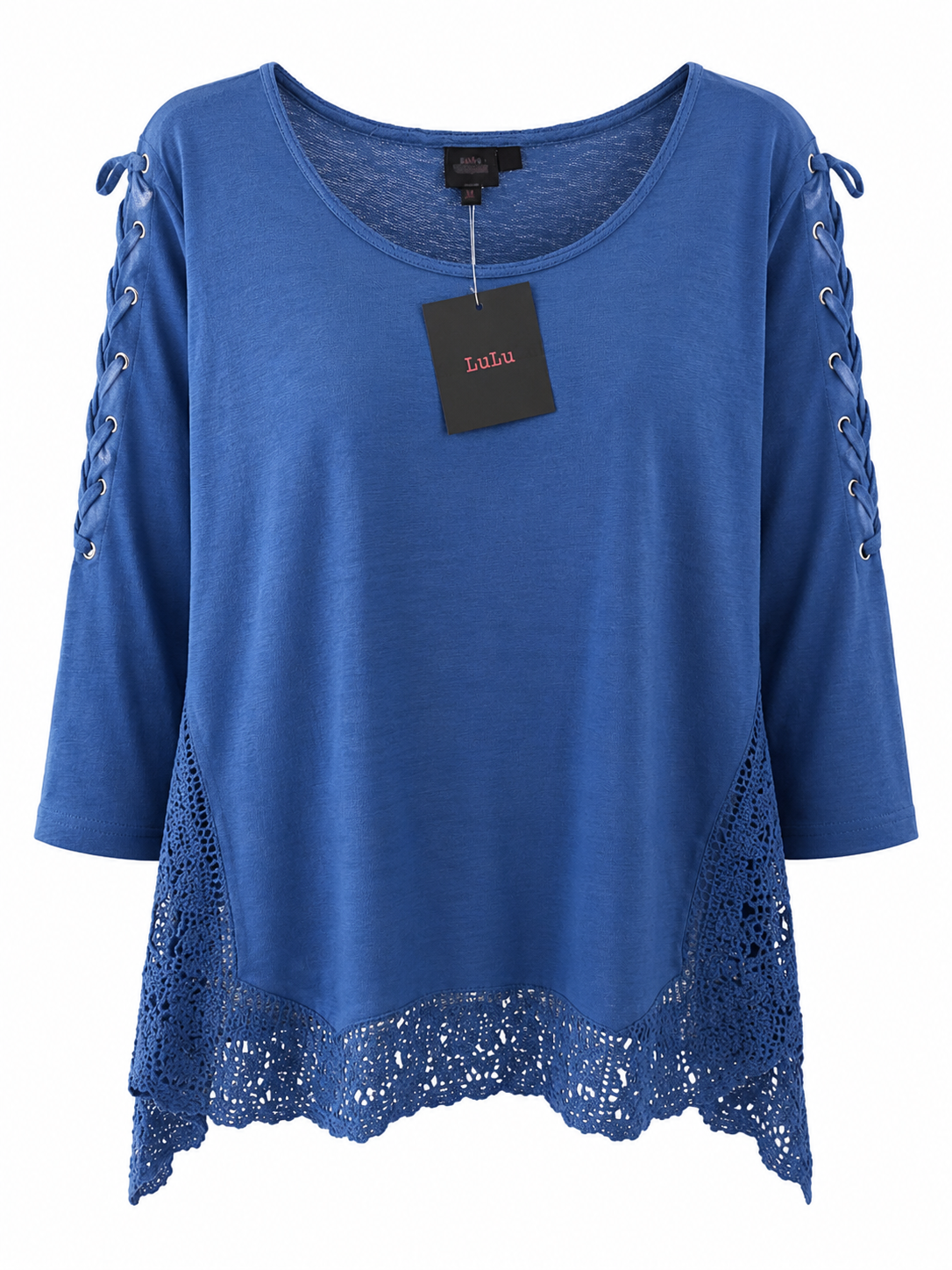 Women's Royal Blue Lace Sleeve Tunic Top | Crochet Hem Long Sleeve Blouse