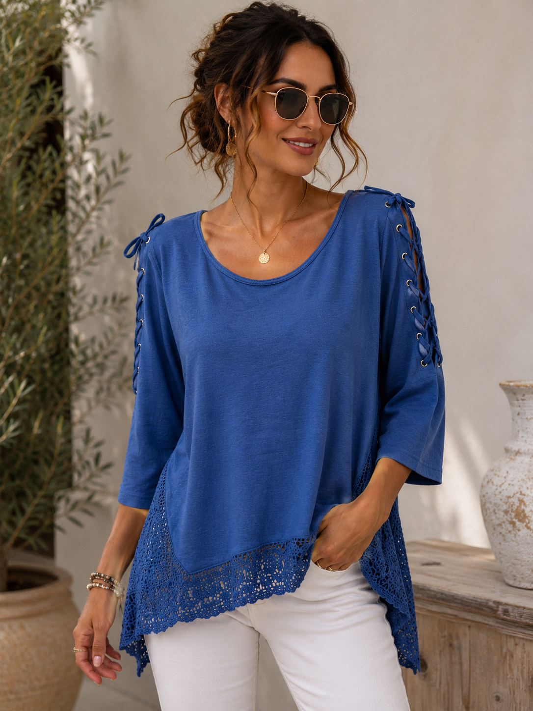 Women's Royal Blue Lace Sleeve Tunic Top | Crochet Hem Long Sleeve Blouse