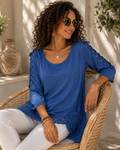 Women's Royal Blue Lace Sleeve Tunic Top | Crochet Hem Long Sleeve Blouse