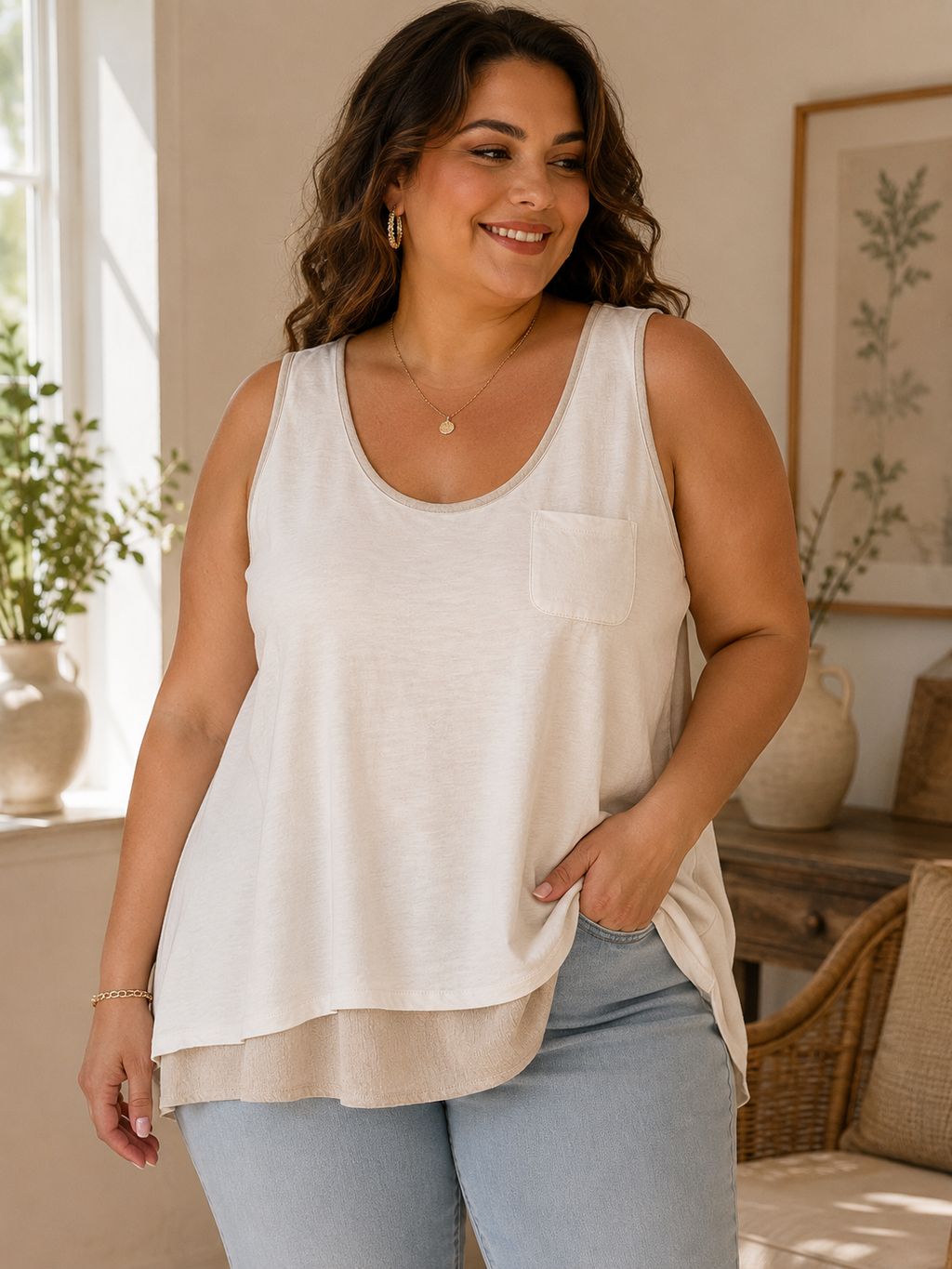 Women's Sleeveless Layered Tank Top | Soft Beige Scoop Neck Casual Blouse with Pocket