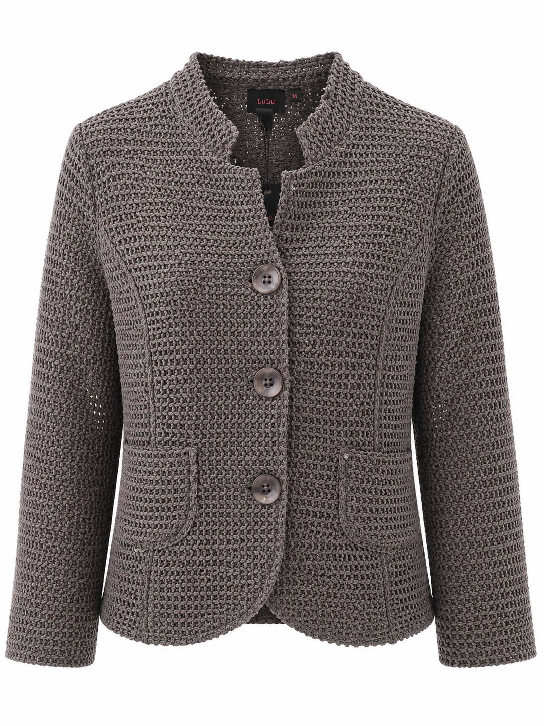 Women's Grey Chunky Knit Button Cardigan | Textured Long Sleeve Open Knit Jacket