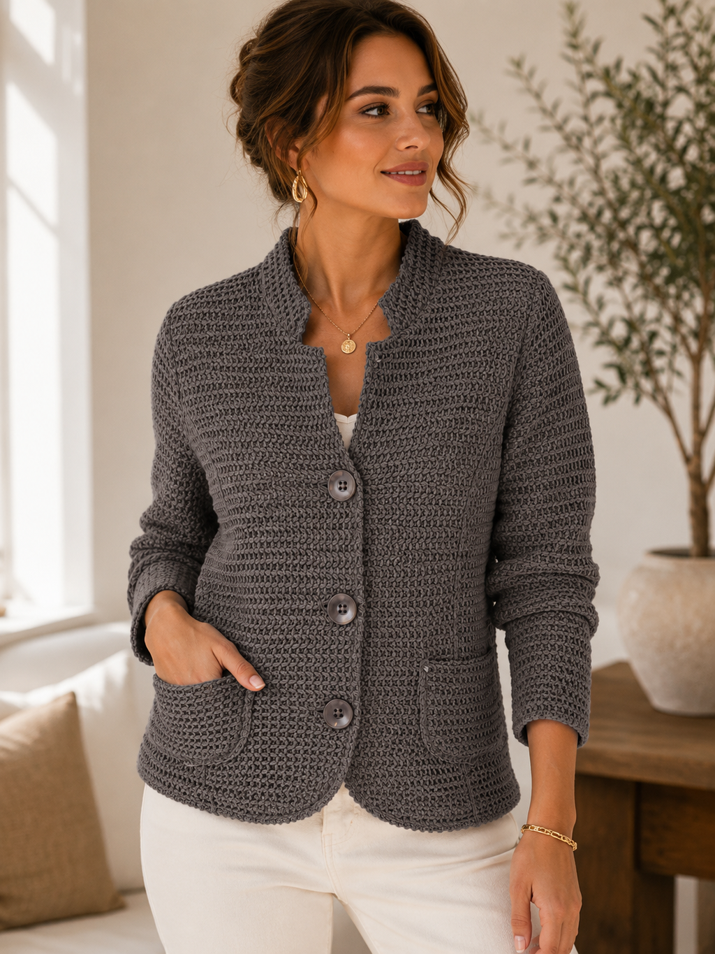 Women's Grey Chunky Knit Button Cardigan | Textured Long Sleeve Open Knit Jacket