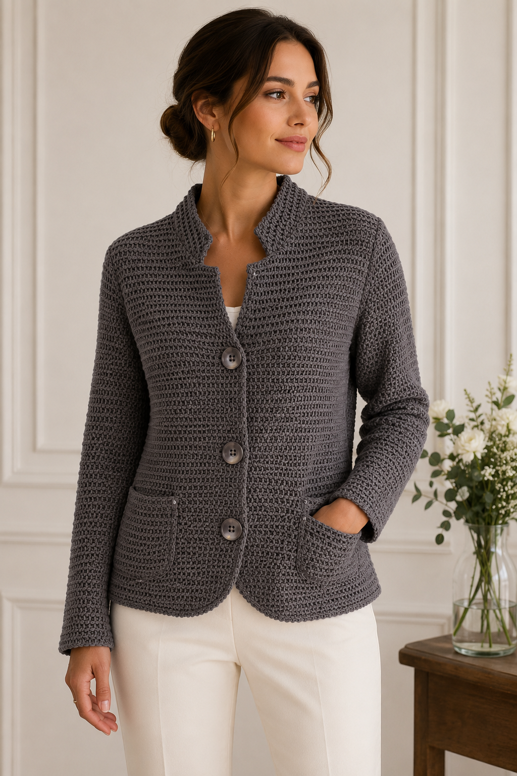 Women's Grey Chunky Knit Button Cardigan | Textured Long Sleeve Open Knit Jacket