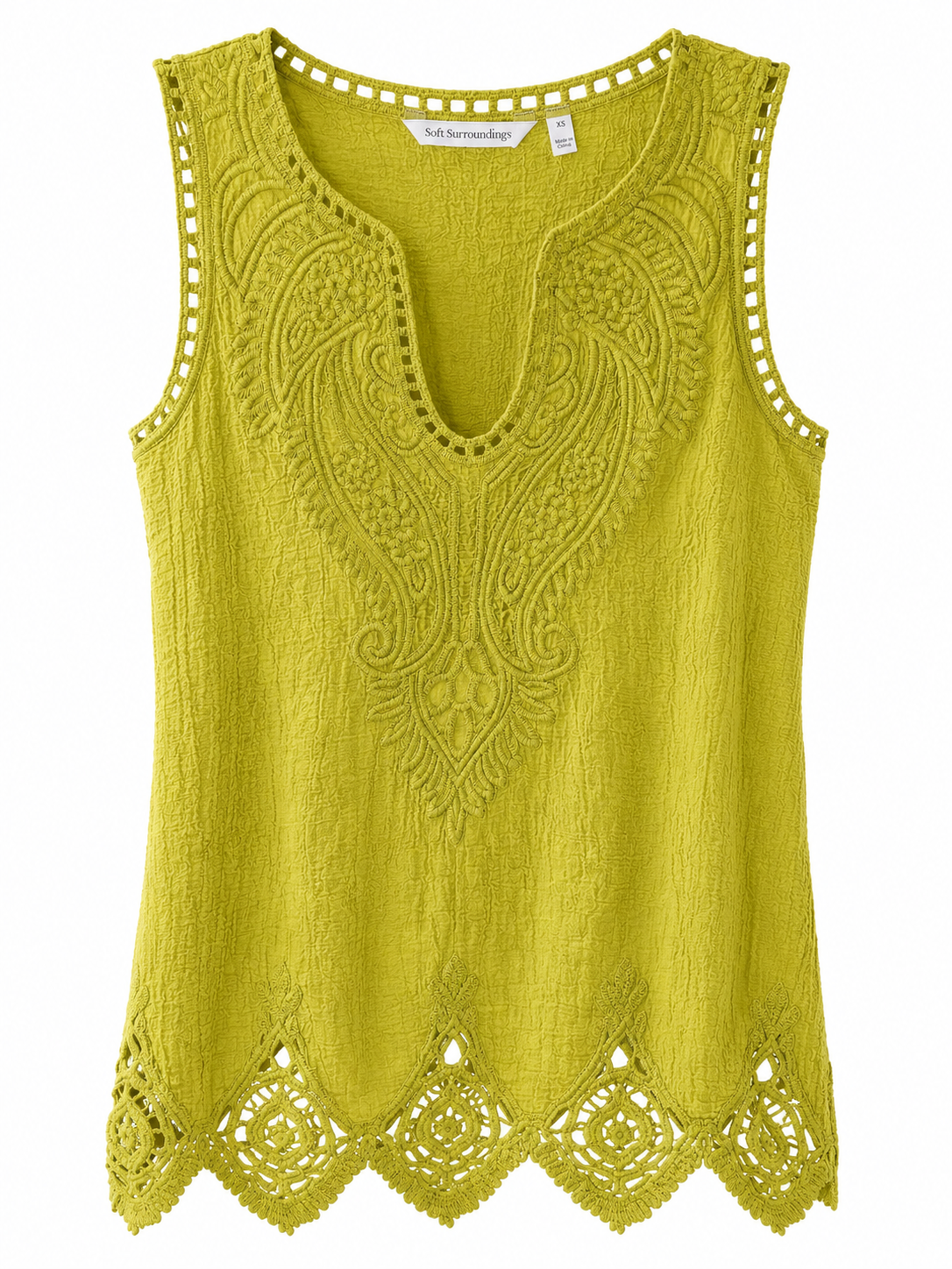 Women's Olive Green Embroidered Sleeveless Tunic Top | Boho Lace Hem Summer Blouse
