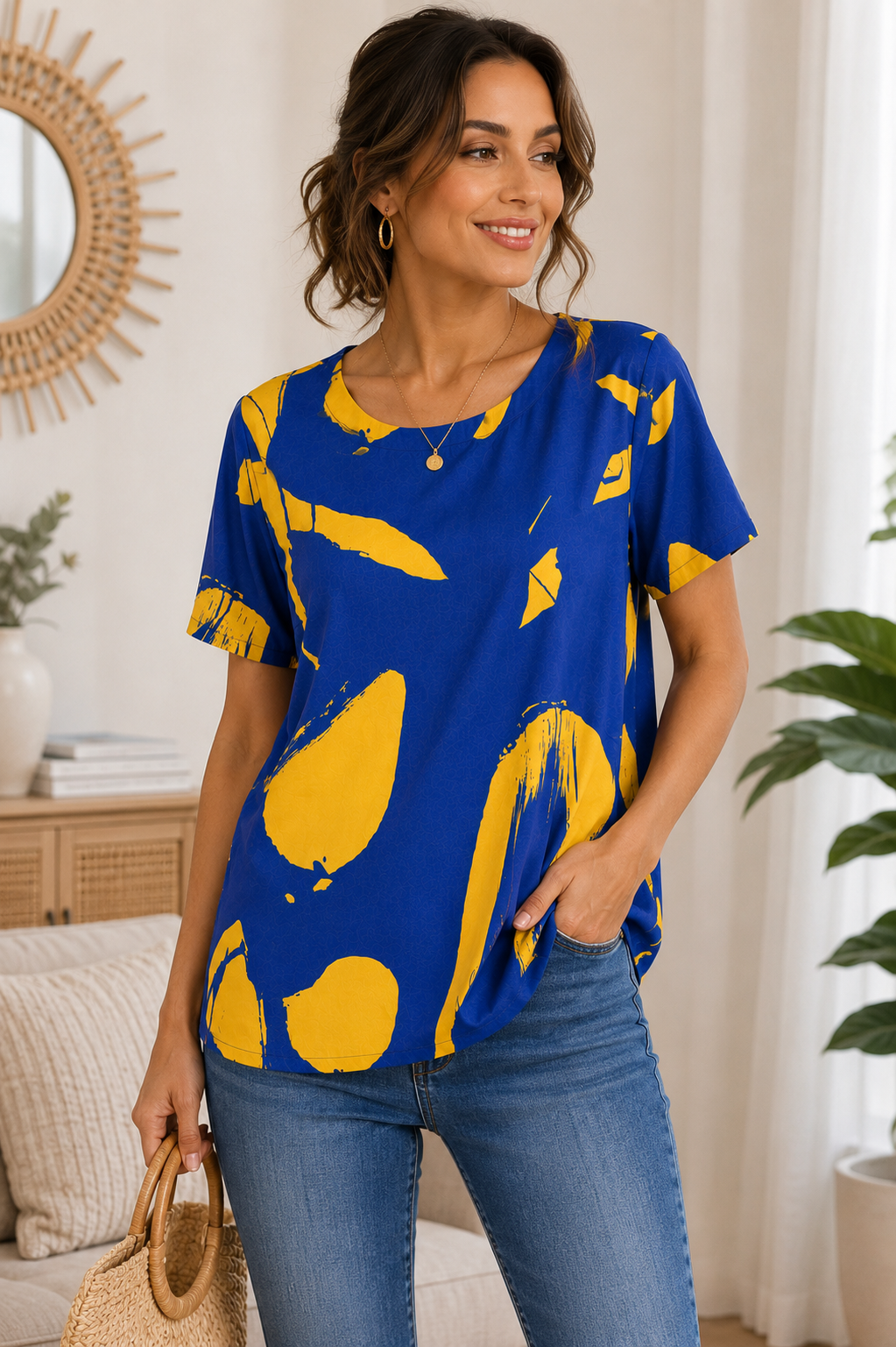 Women's Royal Blue Abstract Print Blouse | Mustard Yellow Short Sleeve Casual Top