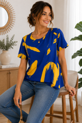 Women's Royal Blue Abstract Print Blouse | Mustard Yellow Short Sleeve Casual Top