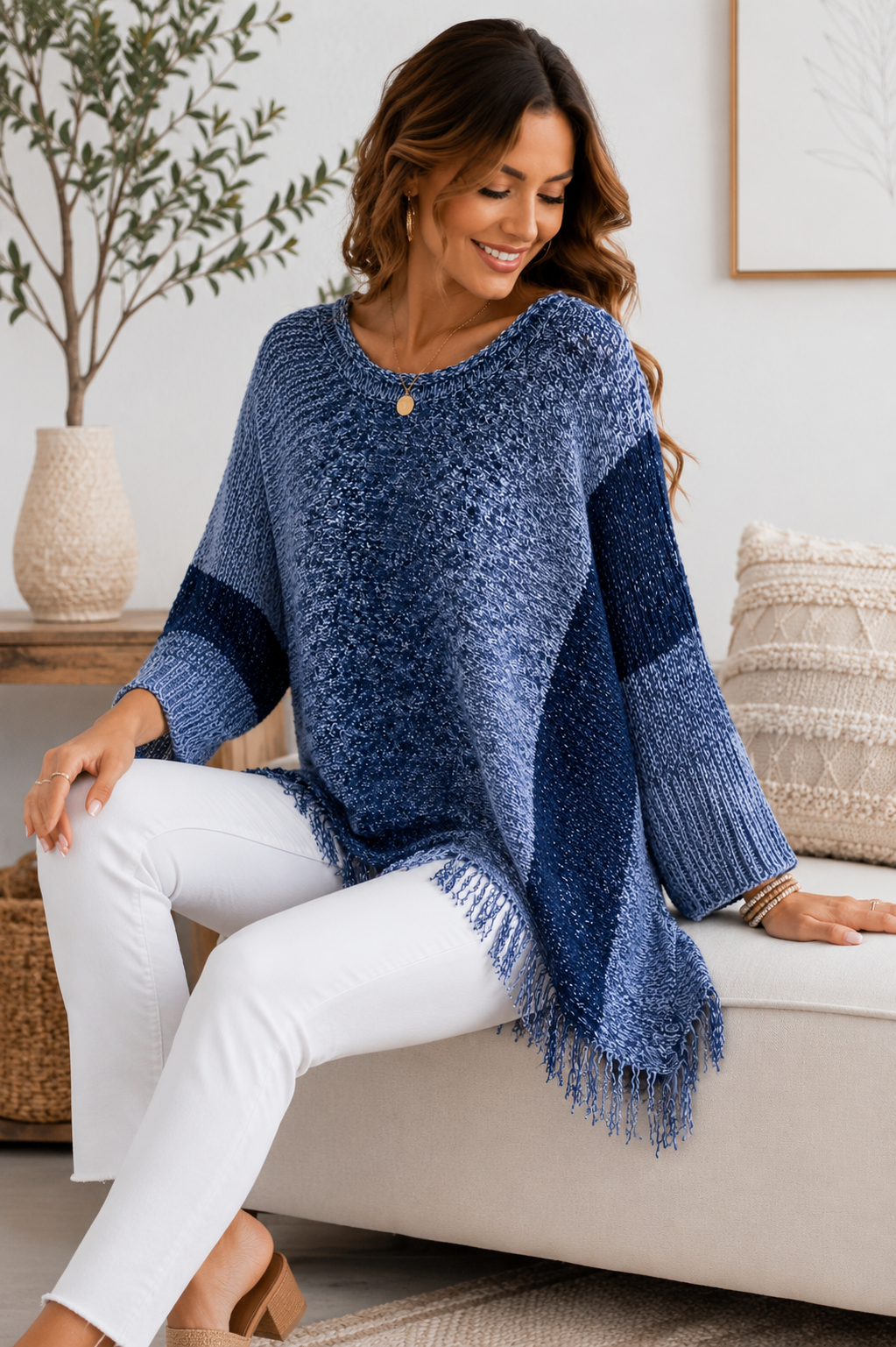 Women's Oversized Chunky Knit Sweater – Fringed Hem Relaxed Fit Pullover | Cozy Blue Winter Jumper