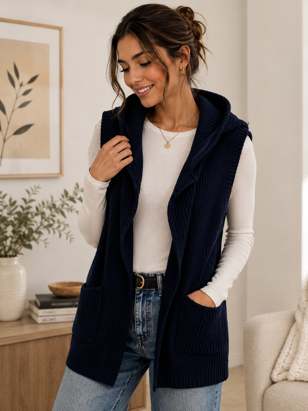 Women's Hooded Chunky Knit Sleeveless Cardigan Vest – Open Front Long Sweater with Pockets | Cozy Winter Layering Jacket